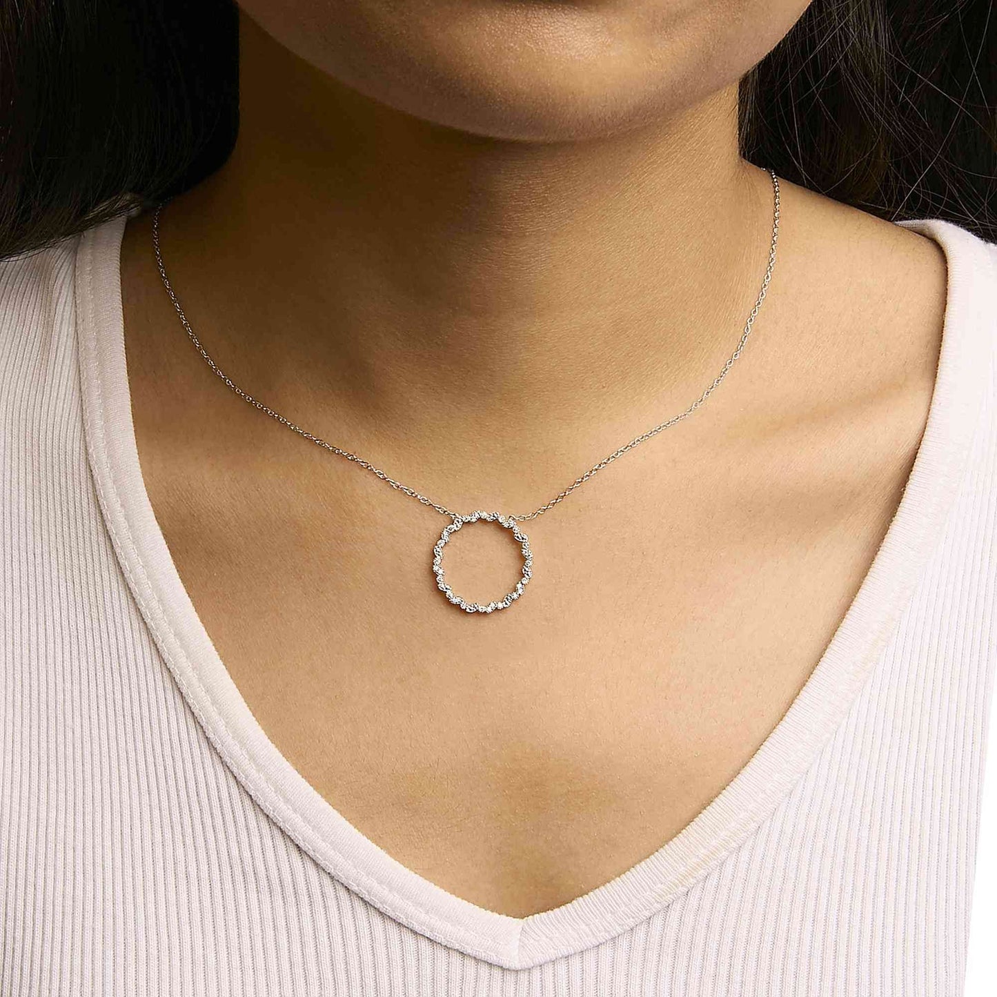 .925 Sterling Silver 1/7 Cttw Lab Grown Diamond Beaded Love Circle Pendant Necklace - Size 18 Inches - Bijoux-NYC Direct