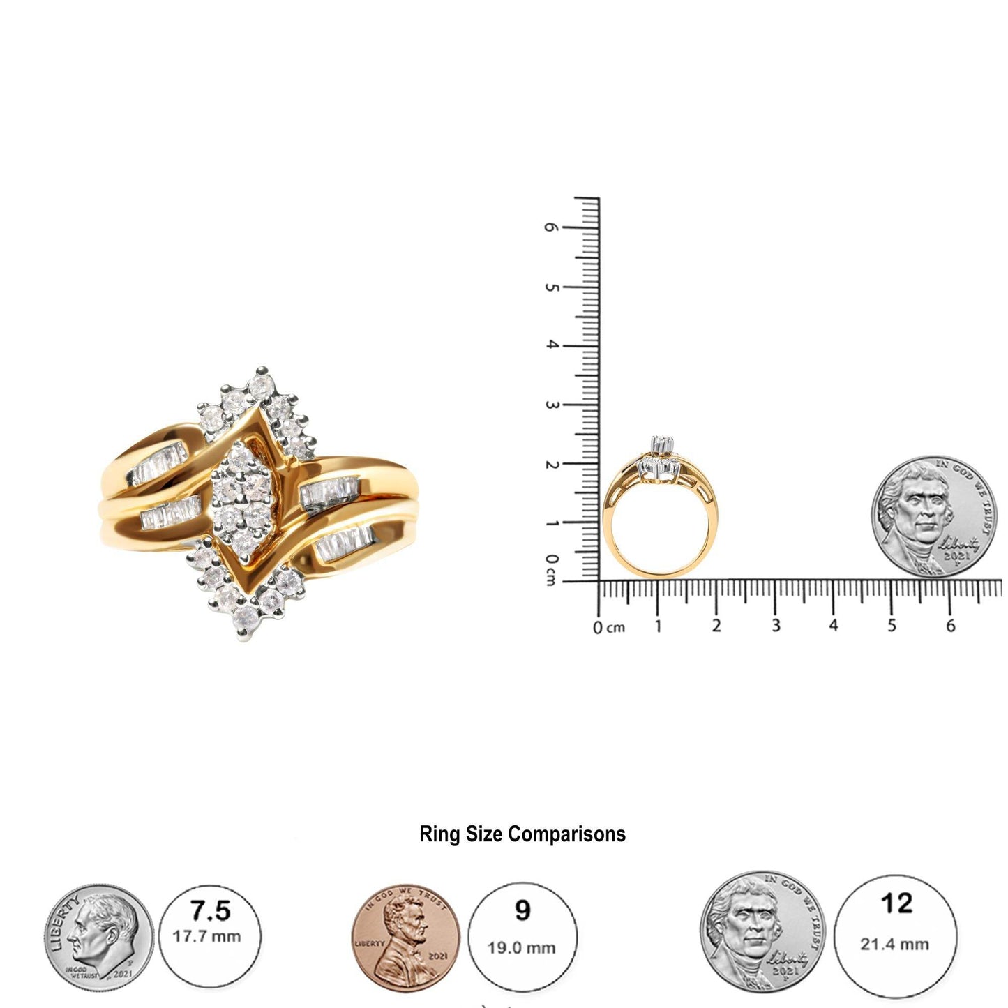10K Two-Toned 1/2 Cttw Round And Baguette-Cut Composite Pear Head Diamond Ring (H-I Color, I2-I3 Clarity) - Bijoux-NYC Direct