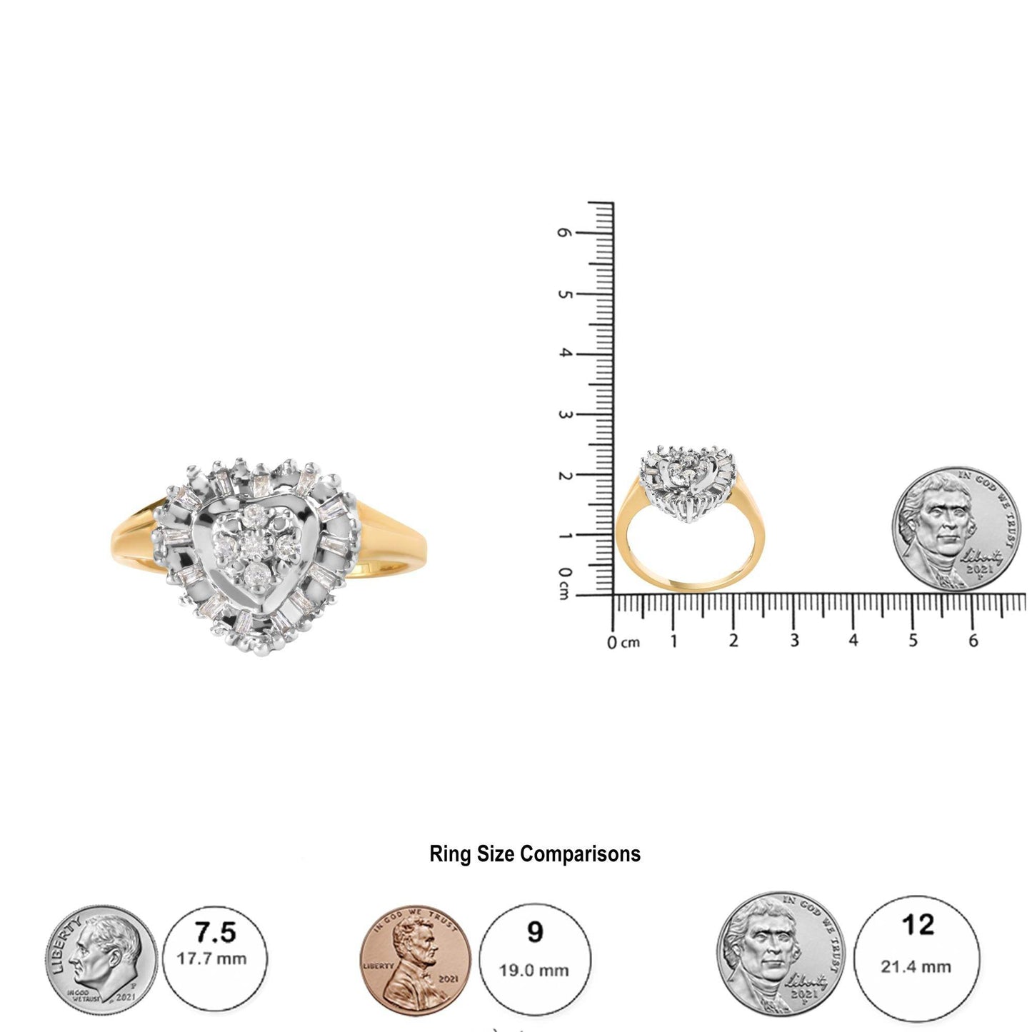 10K Yellow Gold 1/4 Cttw Round and Baguette cut Diamond Heart Shape Ballerina Ring (H-I Color, I1-I2 Clarity) - Bijoux-NYC Direct