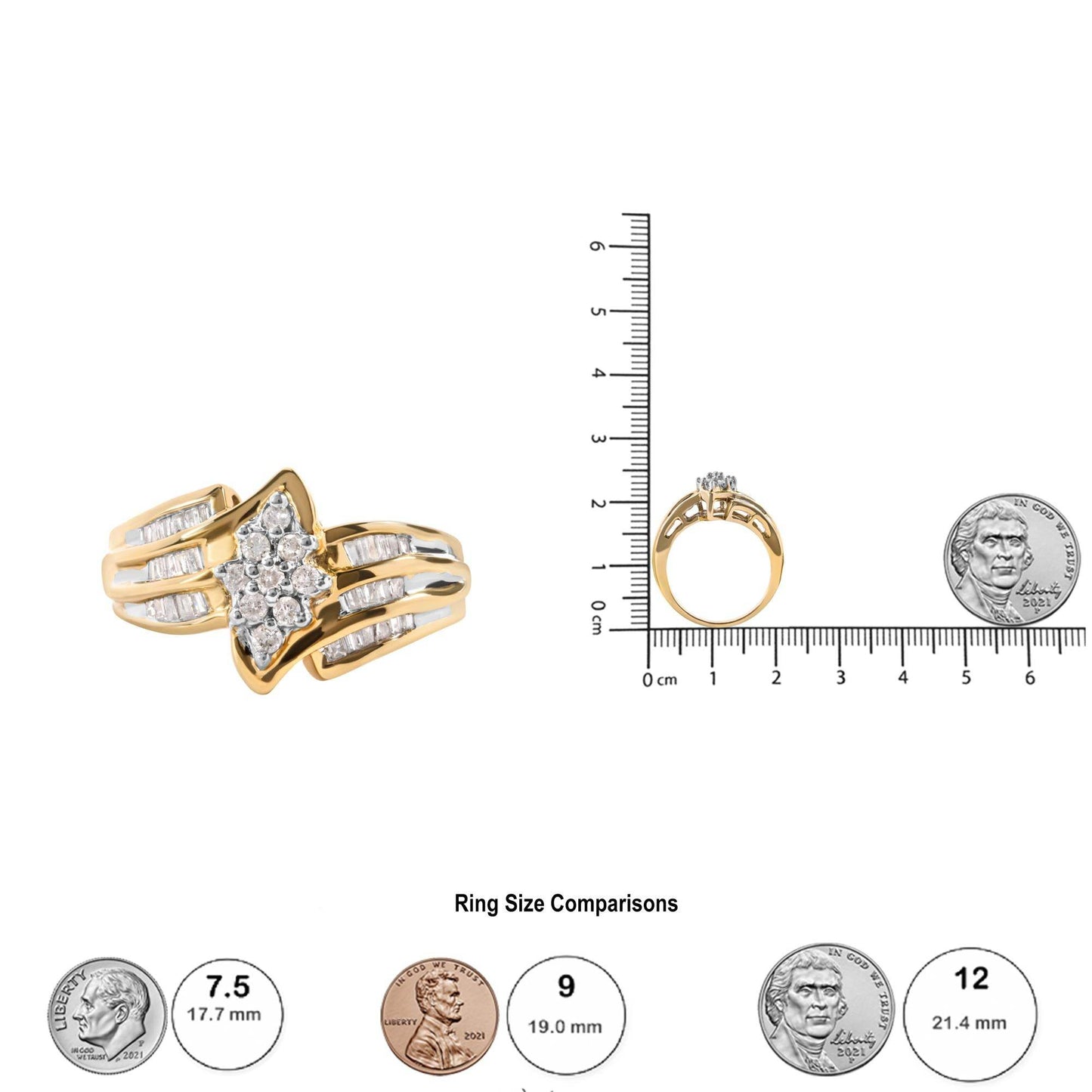 10K Yellow Gold 1/2 Cttw Round And Baguette-cut Diamond Cluster Head and Channel Set Shank Ring (H-I Color, I1-I2 Clarity) - Bijoux-NYC Direct