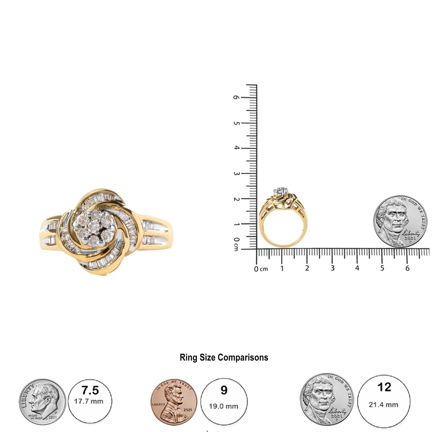 10K Yellow Gold 1/2 Cttw Round and Baguette Diamond Flower Swirl Cocktail Ring (I-J Color, SI2-I1 Clarity) - Bijoux-NYC Direct