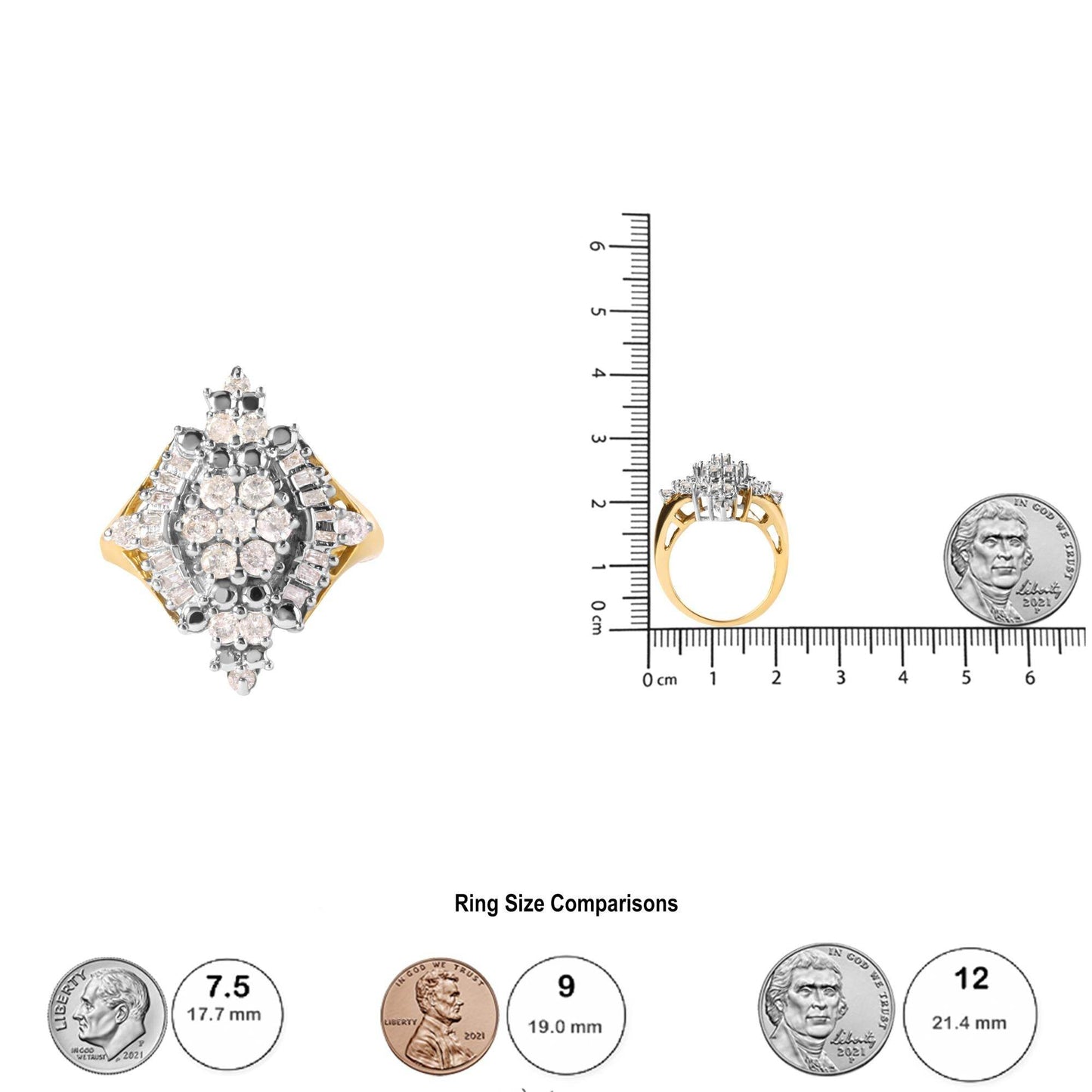 10K Yellow Gold 1 Cttw Round and Baguette cut Diamond Cluster and Rhombus Halo Ring (H-I Color, I1-I2 Clarity) - Bijoux-NYC Direct
