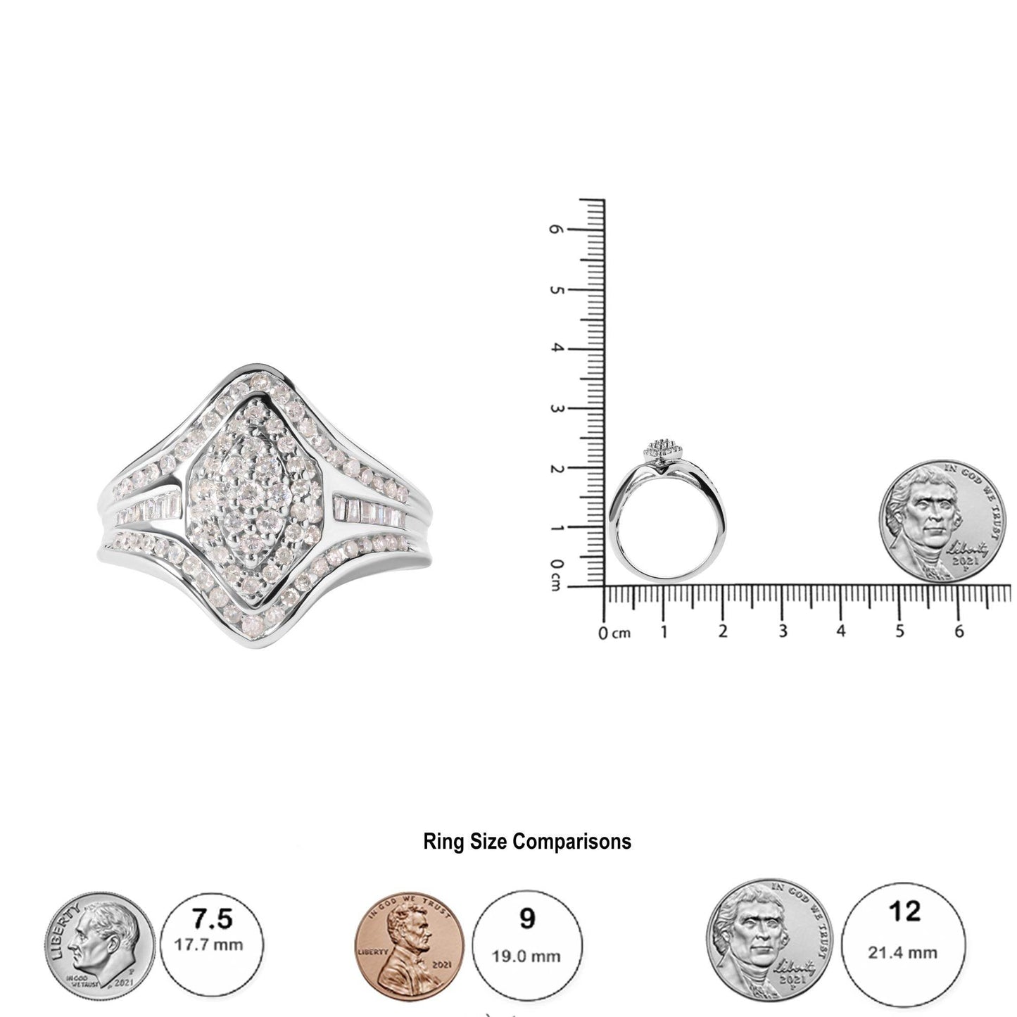 14K White Gold 3/4 Cttw Round and Baguette cut Diamond Cluster Ring (H-I Color, I1-I2 Clarity) - Bijoux-NYC Direct