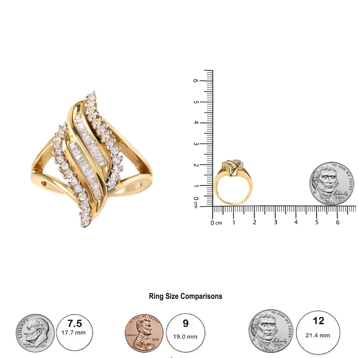 10K Yellow Gold 1/2 Cttw Round and Baguette Cut Diamond Cocktail Ring (H-I Color, I1-I2 Clarity) - Bijoux-NYC Direct