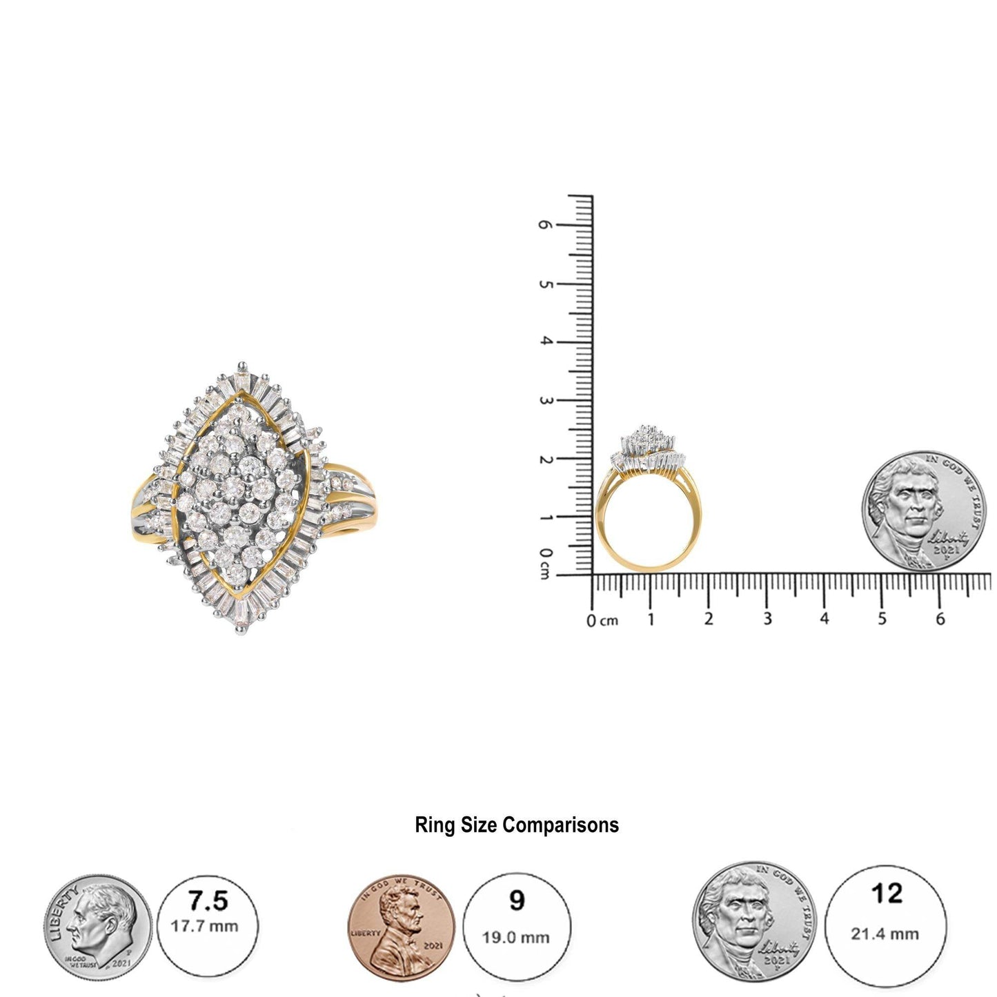 10K Yellow Gold 1.0 Cttw Round and Baguette-Cut Diamond Cluster Ring (I-J Color, SI2-I1 Clarity) - Bijoux-NYC Direct