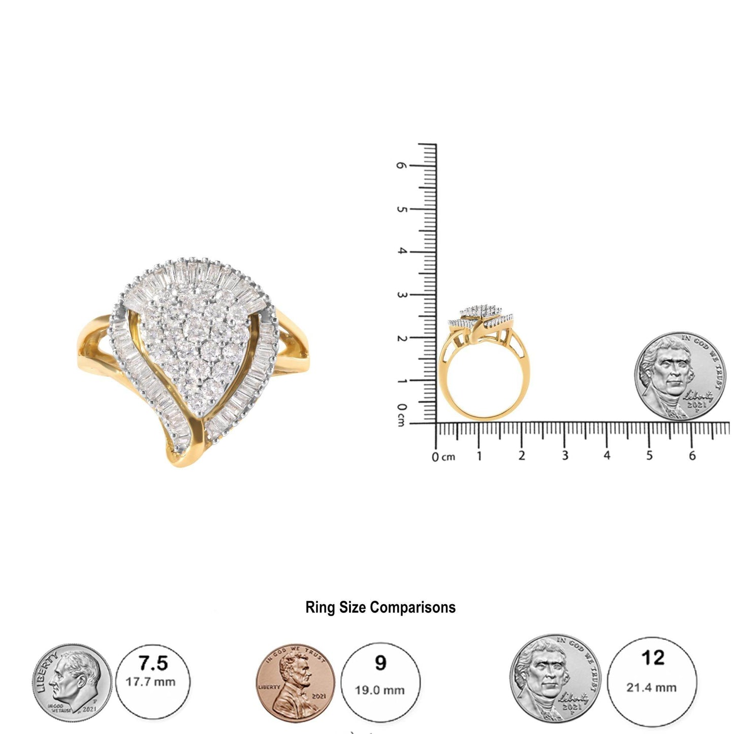 10K Yellow Gold 1 Cttw Round and Baguette Cut Diamond Ballerina Cluster Ring (H-I Color, SI2-I1 Clarity) - Bijoux-NYC Direct