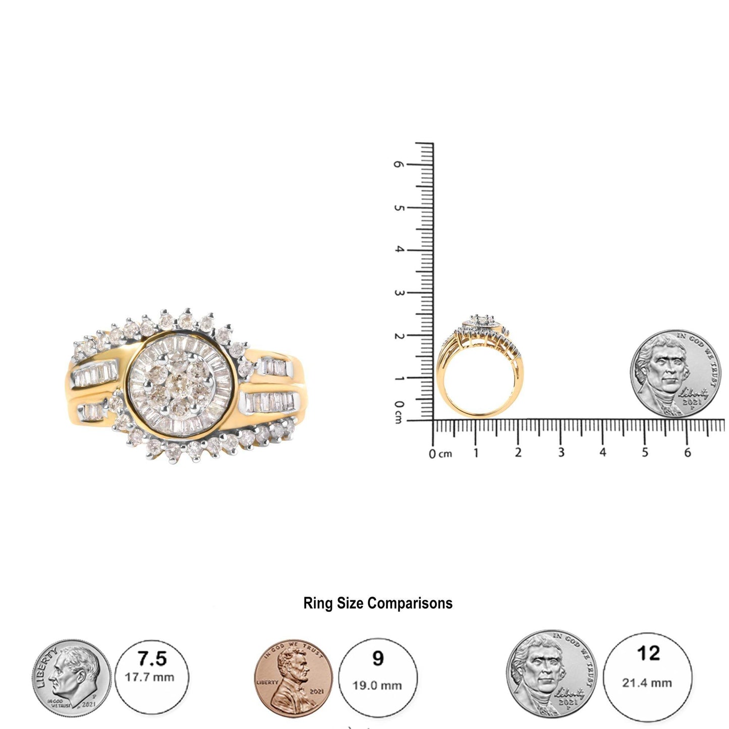 10K Yellow Gold 1 Cttw Round and Baguette cut Diamond Cluster Swirl Band Ring (H-I Color, I1-I2 Clarity) - Bijoux-NYC Direct