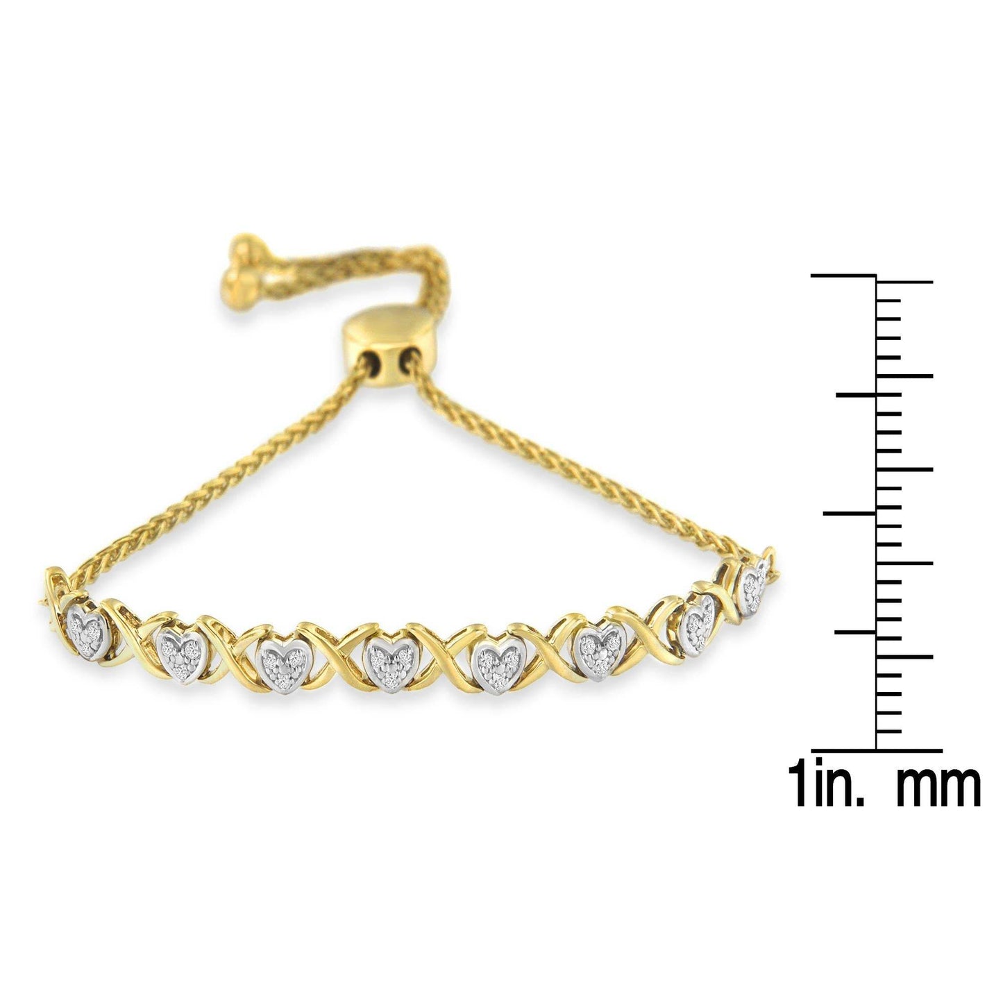 10K Yellow Gold over .925 Sterling Silver 1/10 Cttw Diamond Heart and X-Link 6”-9” Adjustable Bolo Bracelet (H-I Color, I2-I3 Clarity) - Bijoux-NYC Direct