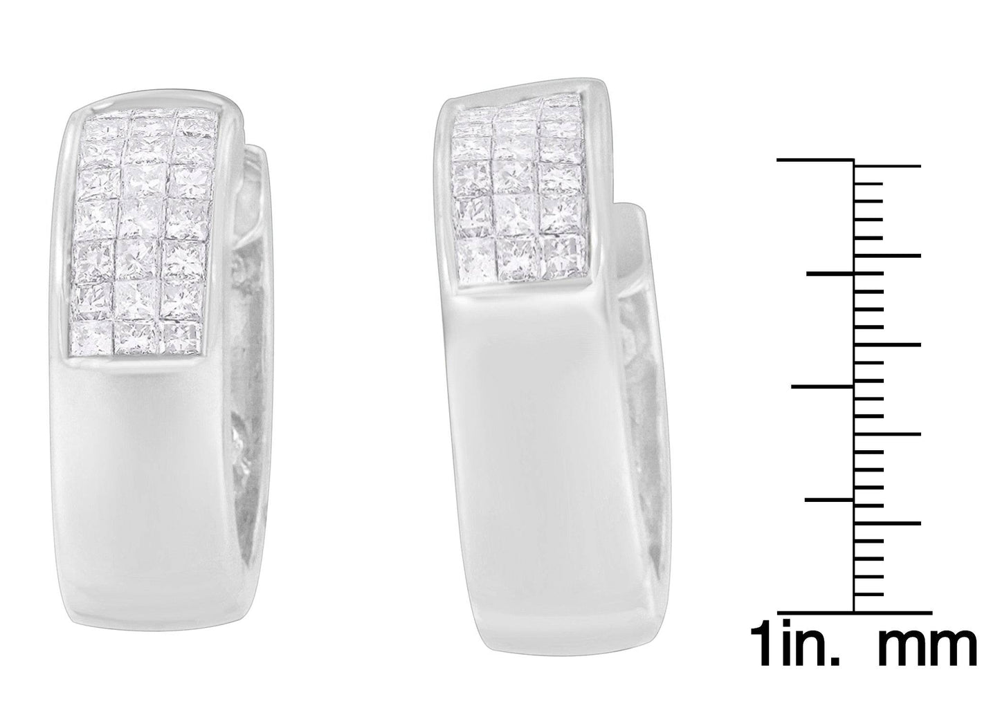 14K White Gold 1 1/8 cttw Princess and Round Cut Diamond Huggie Earrings (H-I, VS1-VS2) - Bijoux-NYC Direct