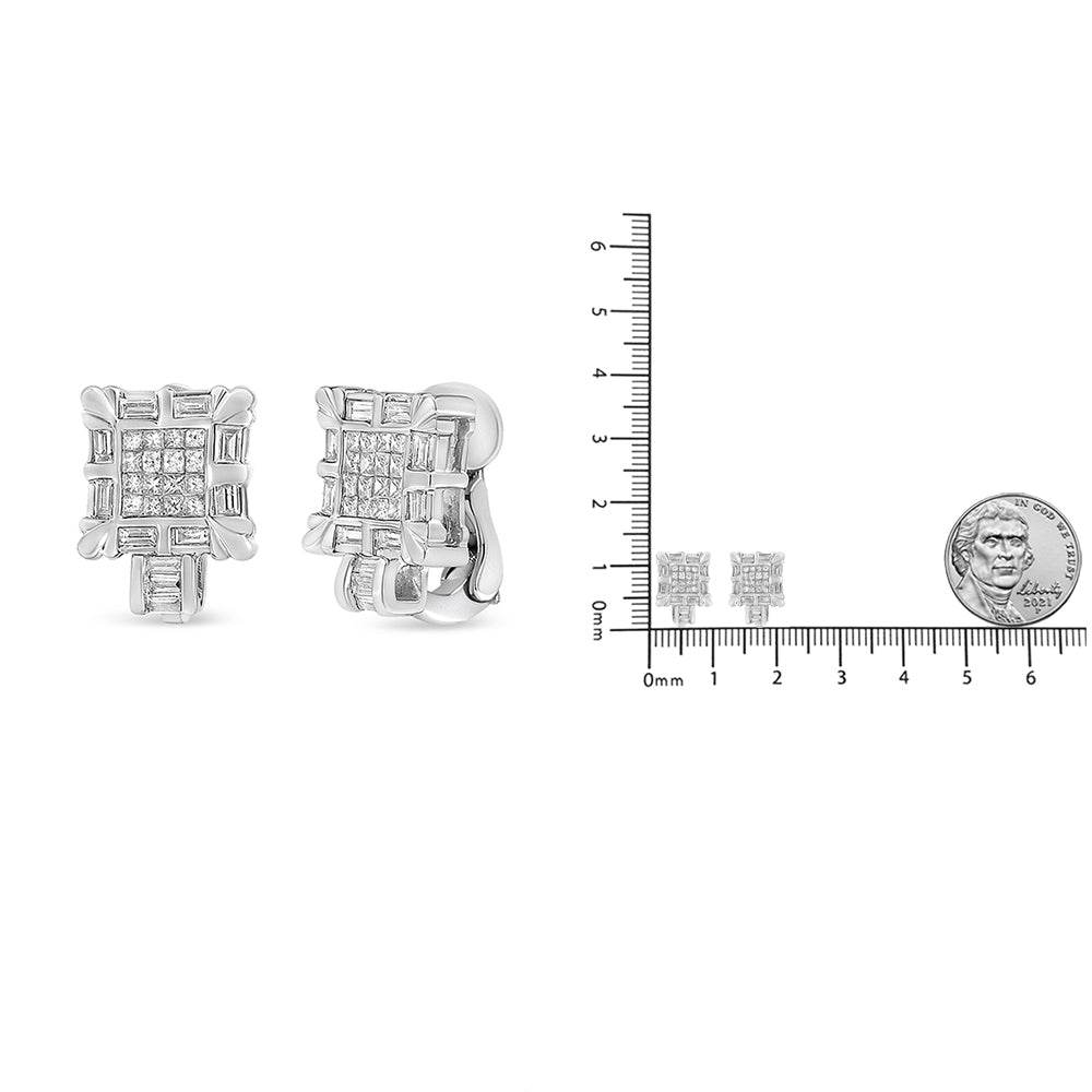 14K White Gold 1.0 Cttw Princess and Baguette-Cut Diamond Square Framed Huggie Hoop Omega Earrings (H-I Color, SI1-SI2 Clarity) - Bijoux-NYC Direct