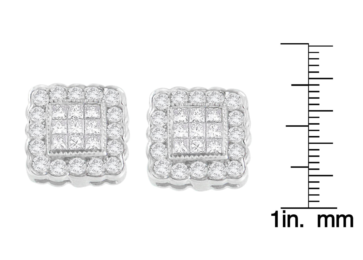 14K White Gold 1.0 Cttw Round Brilliant & Princess Cut Diamond Scallop-Edge Framed Square Halo Stud Earrings (G-H Color, SI1-SI2 Clarity) - Bijoux-NYC Direct