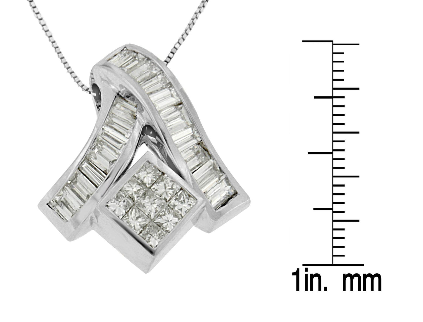 14K White Gold 1 7/8 cttw Princess and Baguette Cut Mixed Geometry Diamond Pendant Necklace (G-H, SI1-SI2) - Bijoux-NYC Direct