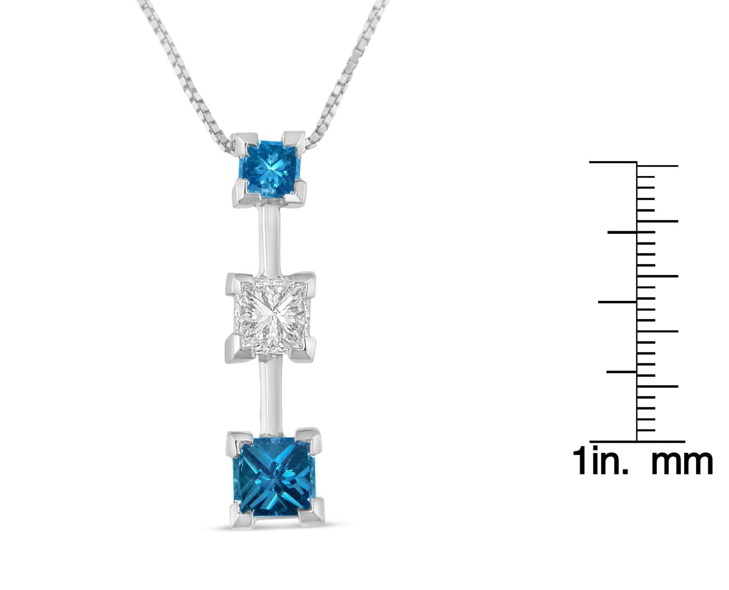14K White Gold 7/8 cttw Treated Blue and White Princess Cut Diamond Pendant Necklace (H-I, SI2-I1) - Bijoux-NYC Direct