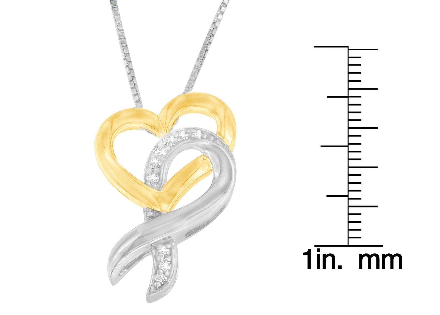 10K Yellow Gold and .925 Sterling Silver 1/20 cttw Diamond Ribbon-Heart Pendant Necklace (H-I, I1-I2) - Bijoux-NYC Direct