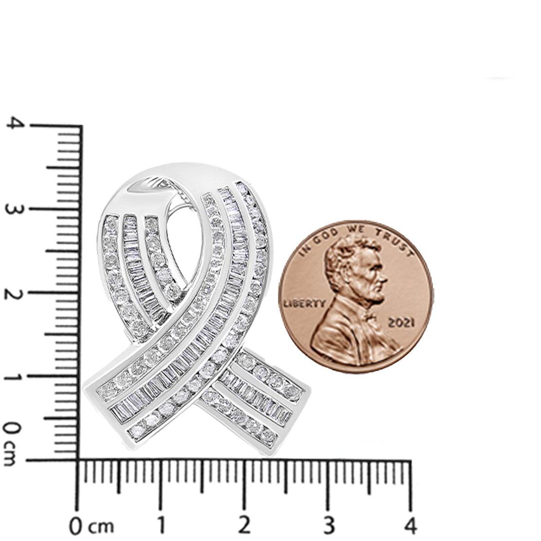 14K White Gold 2 5/8 Cttw Channel Set Round and Baguette Diamond Awareness Ribbon Pendant (H-I Color, I1-I2 Clarity) - Chain Not Included - Bijoux-NYC Direct