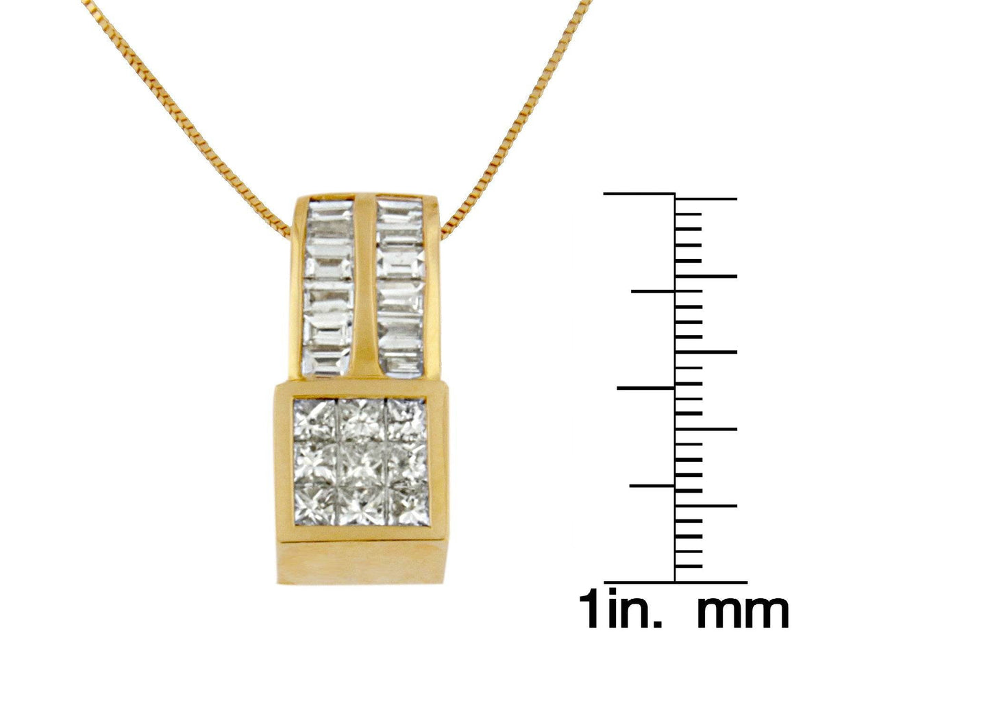 14K Yellow Gold 1 1/4 cttw Princess and Baguette Cut Geometric Inspired Diamond Pendant Necklace (H-I, VS1-VS2) - Bijoux-NYC Direct