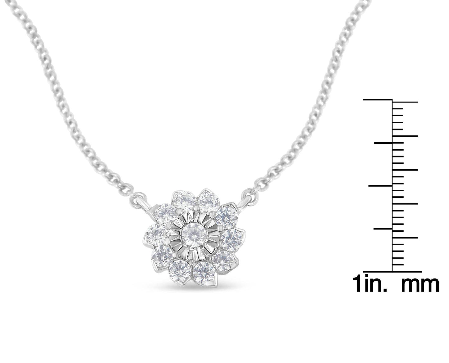 .925 Sterling Silver 1/2 Cttw Diamond Miracle Set Flower Cluster Pendant Necklace with Cable Chain (I-J Color, I1-I2 Clarity) - 18” - Bijoux-NYC Direct