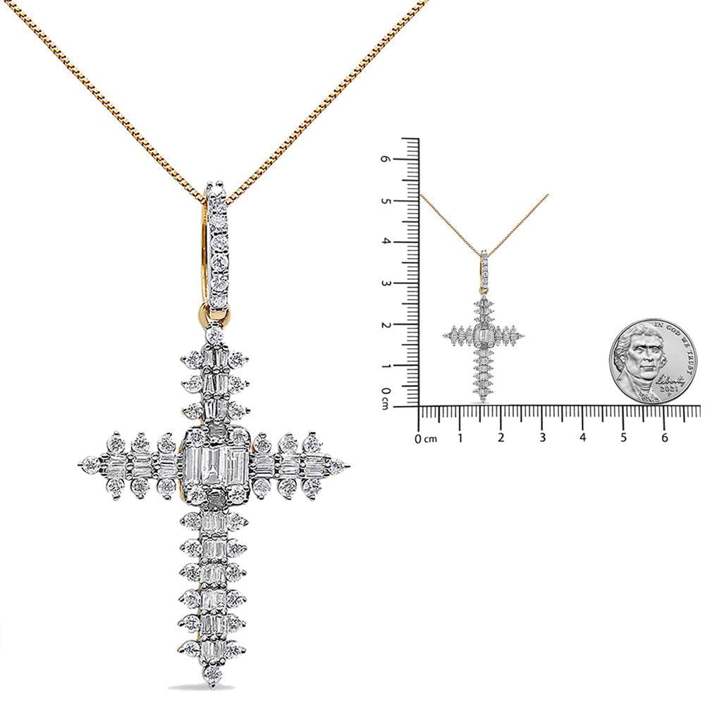 10K Yellow Gold 7/8 Cttw Round & Baguette Diamond Zigzag Pattern Cross Pendant Necklace (H-I Color, SI2-I1 Clarity) - NO CHAIN INCLUDED - Bijoux-NYC Direct