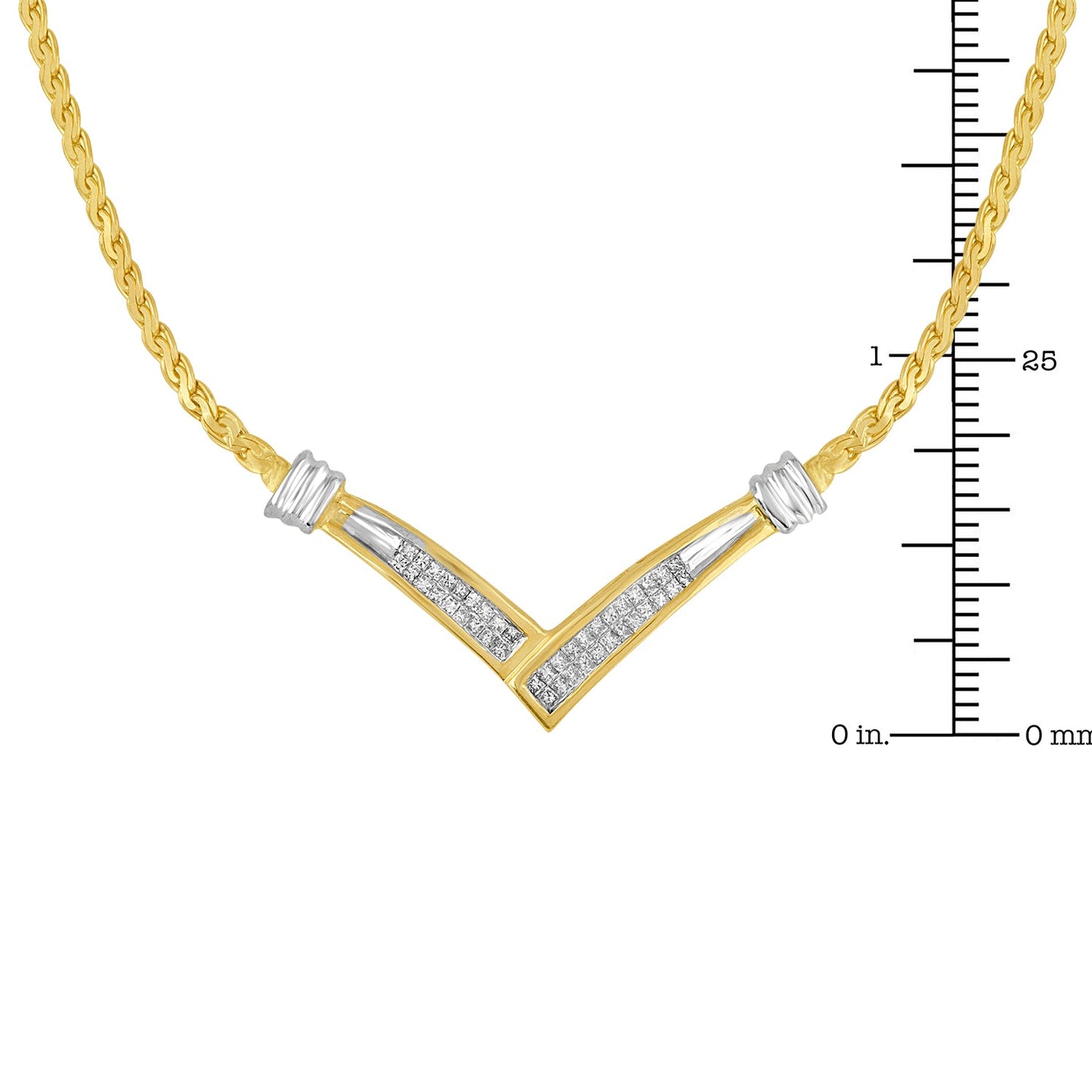 10K Yellow and White Gold 1/2 Cttw Princess Cut Diamond Channel-Set “V” Shape 18" Franco Chain Necklace (H-I Color, SI2-I1 Clarity) - Bijoux-NYC Direct