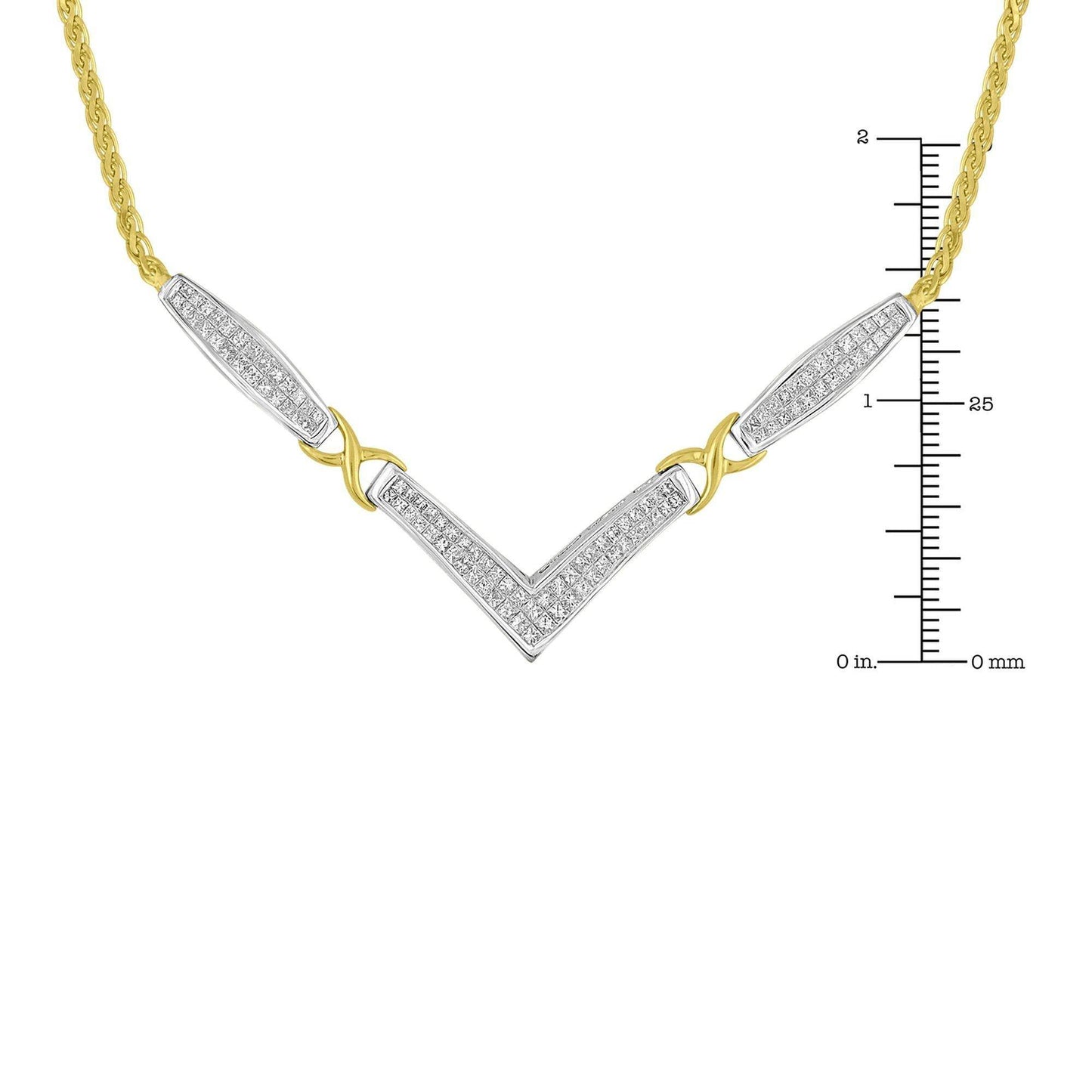 14K Yellow and White Gold 2.0 Cttw Princess Cut Diamond Flared and X-Station V Shaped 18” Franco Chain Statement Necklace (H-I Color, SI2-I1 Clarity) - Bijoux-NYC Direct
