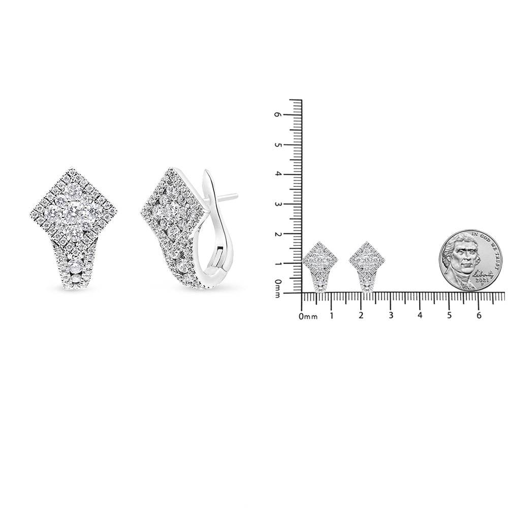 18K White Gold 1 1/10 Cttw Round Diamond Cluster with Halo Hoop Huggie Earring (F-G Color, VS1-VS2 Clarity) - Bijoux-NYC Direct