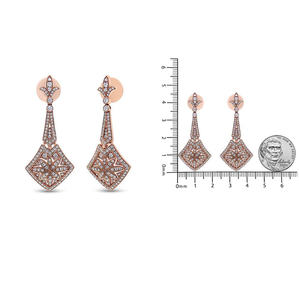 18K Rose Gold 1 1/3 Cttw Diamond Studded Fleur De Lis Trellis Style Drop and Dangle Earring (F-G Color, VS1-VS2 Clarity) - Bijoux-NYC Direct