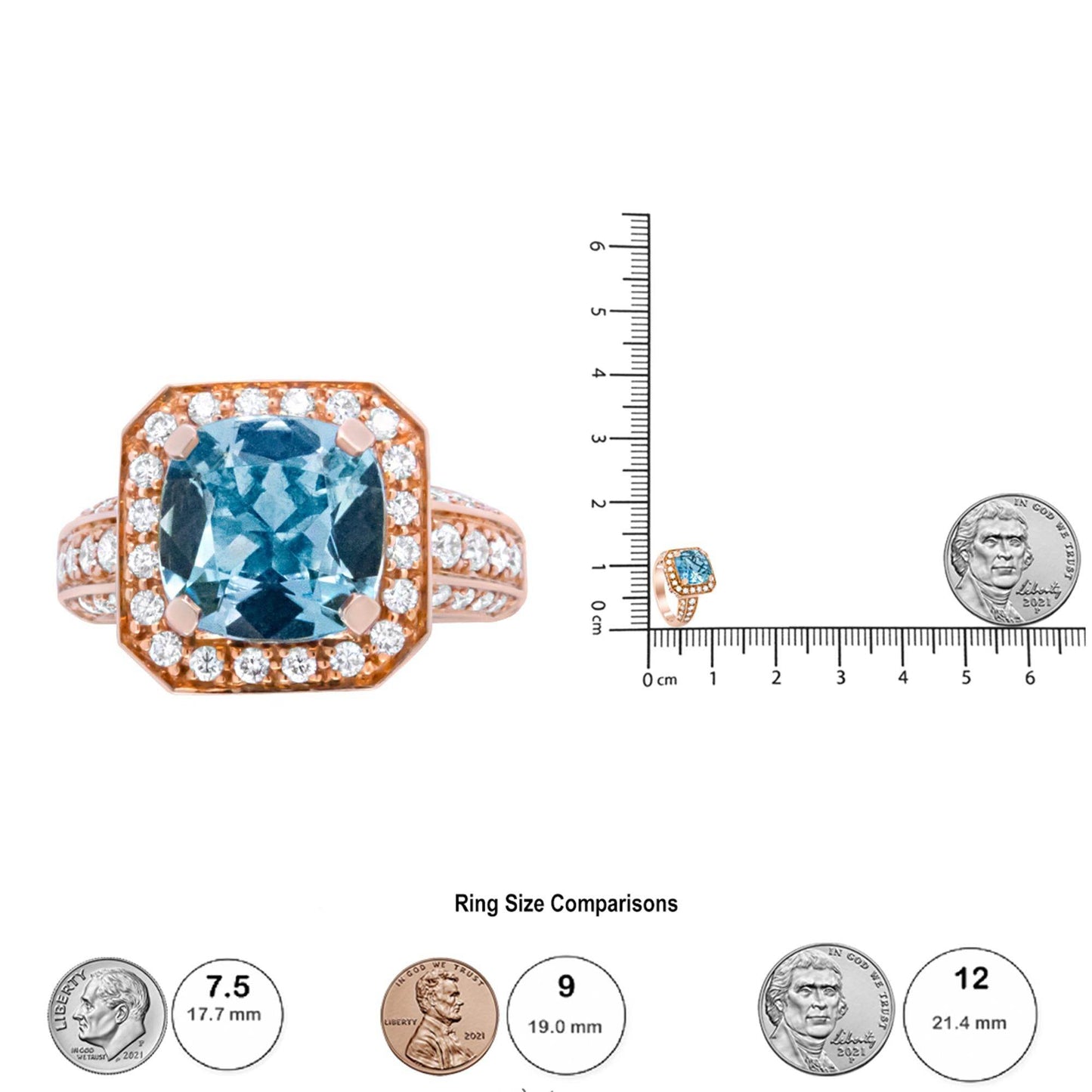 18K Rose Gold 10x10mm Cushion Shaped Aquamarine and 1 1/8 Cttw Round Diamond Halo Ring (F-G Color, VS1-VS2 Clarity) - Bijoux-NYC Direct