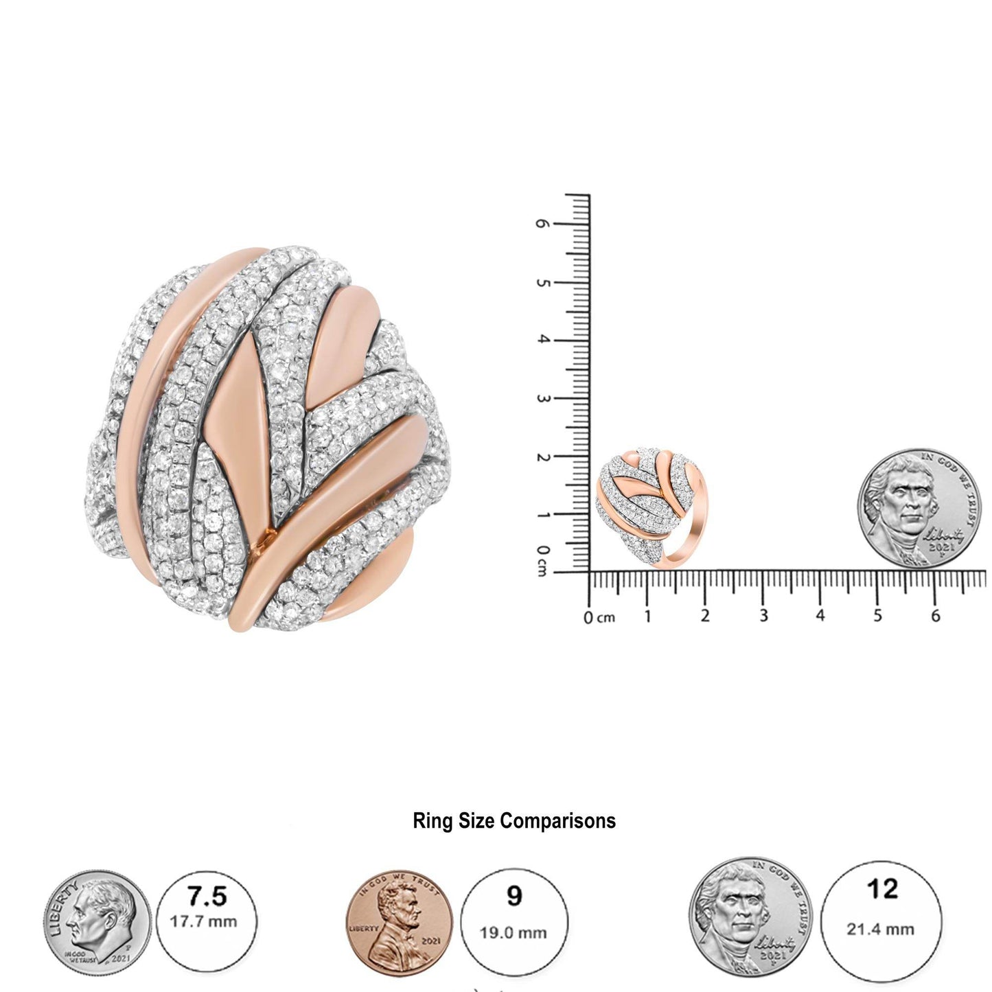 18K Rose and White Gold 1 7/8 Cttw Diamond and Gold Textured Dome Cocktail Ring (F-G Color, VS1-VS2 Clarity) - Bijoux-NYC Direct