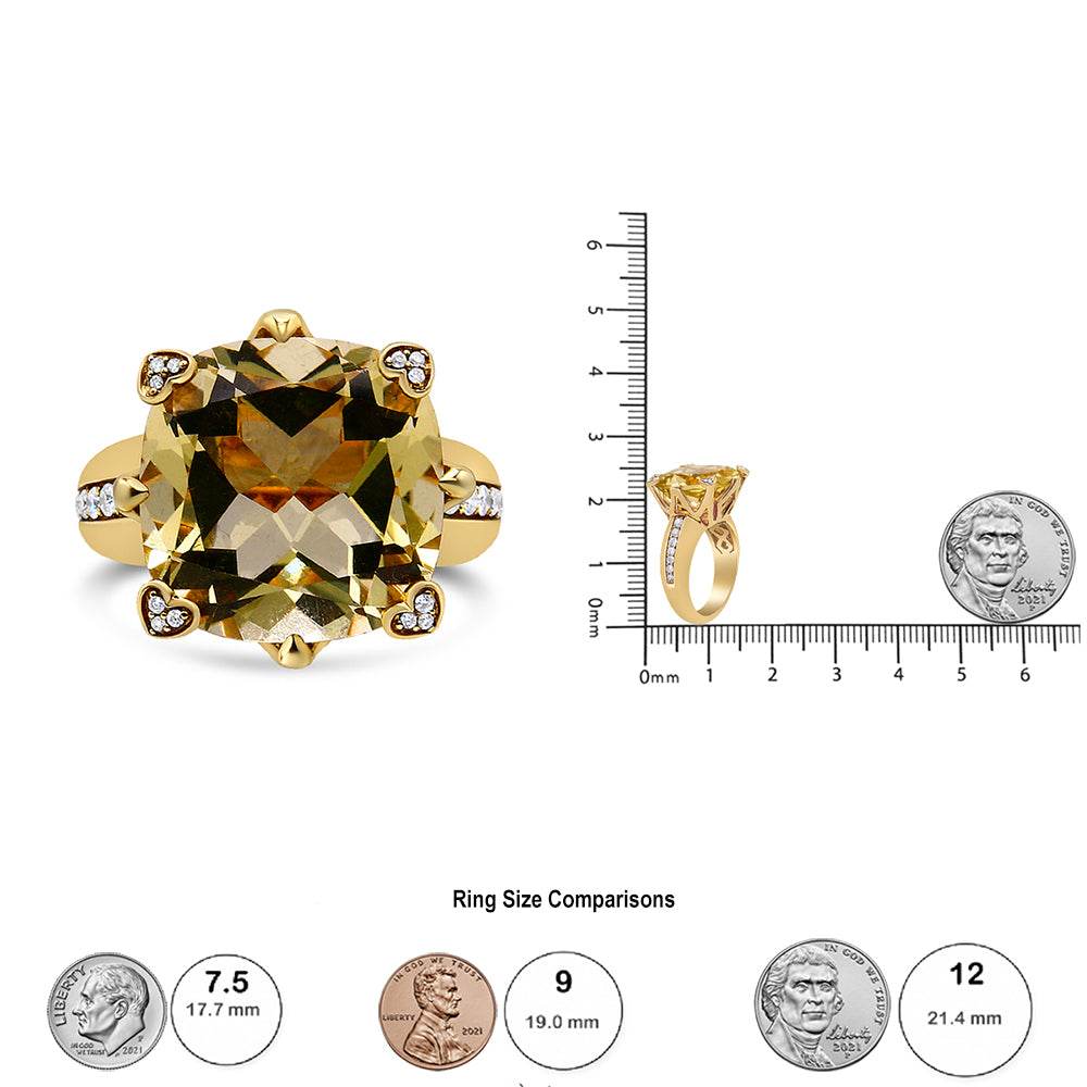 18K Yellow Gold 15x15mm Cushion Cut Lemon Quartz and 1/4 Cttw Diamond Accented Cocktail Ring (F-G Color, VS1-VS2 Clarity) - Bijoux-NYC Direct