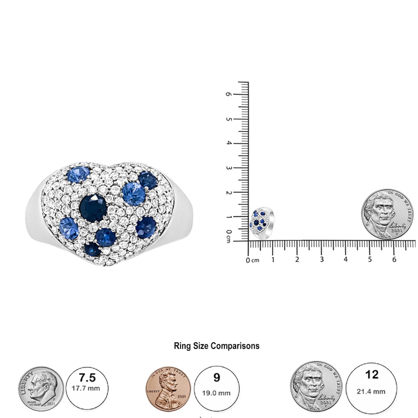 18K White Gold Blue Sapphire and 5/8 Cttw Diamond Cluster Heart Shaped Ring (F-G Color, VS1-VS2 Clarity) - Bijoux-NYC Direct