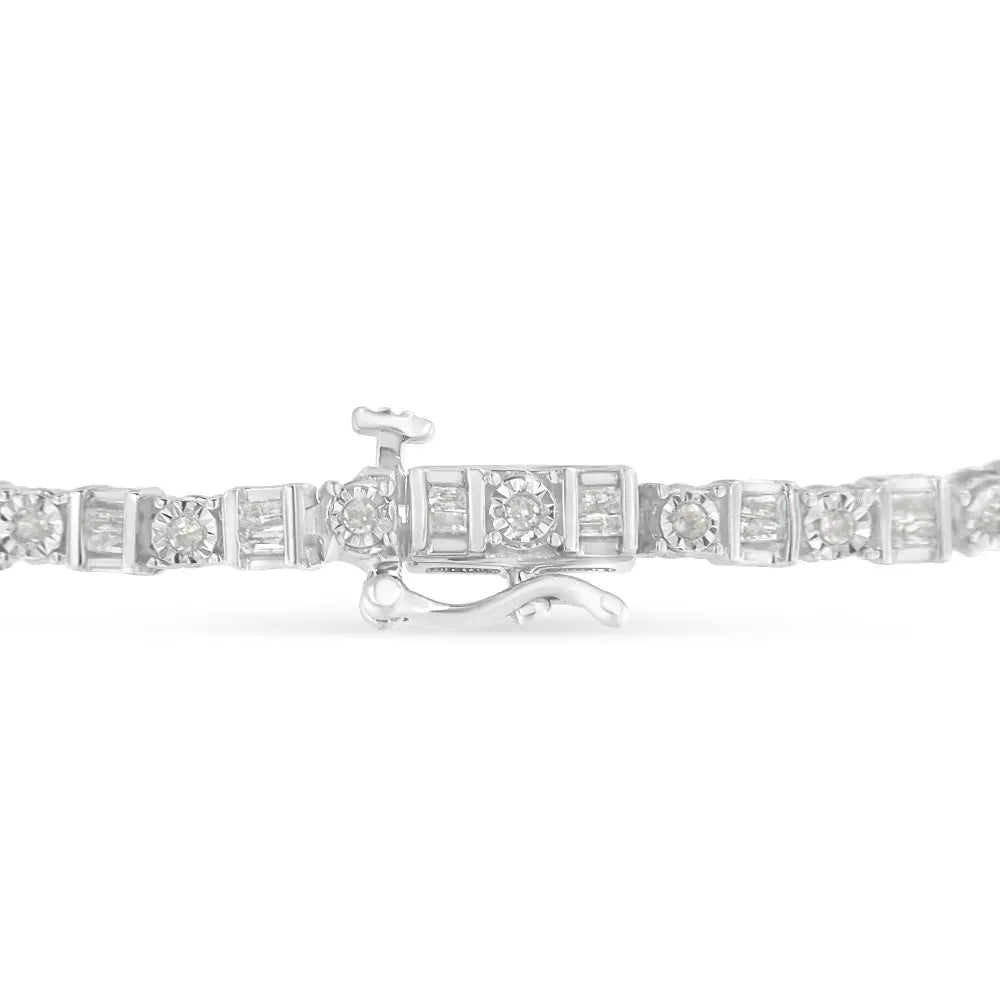 .925 sterling silver 1.0 cttw round & baguette cut diamond 7’’ alternating and square station tennis bracelet (i j color i3
