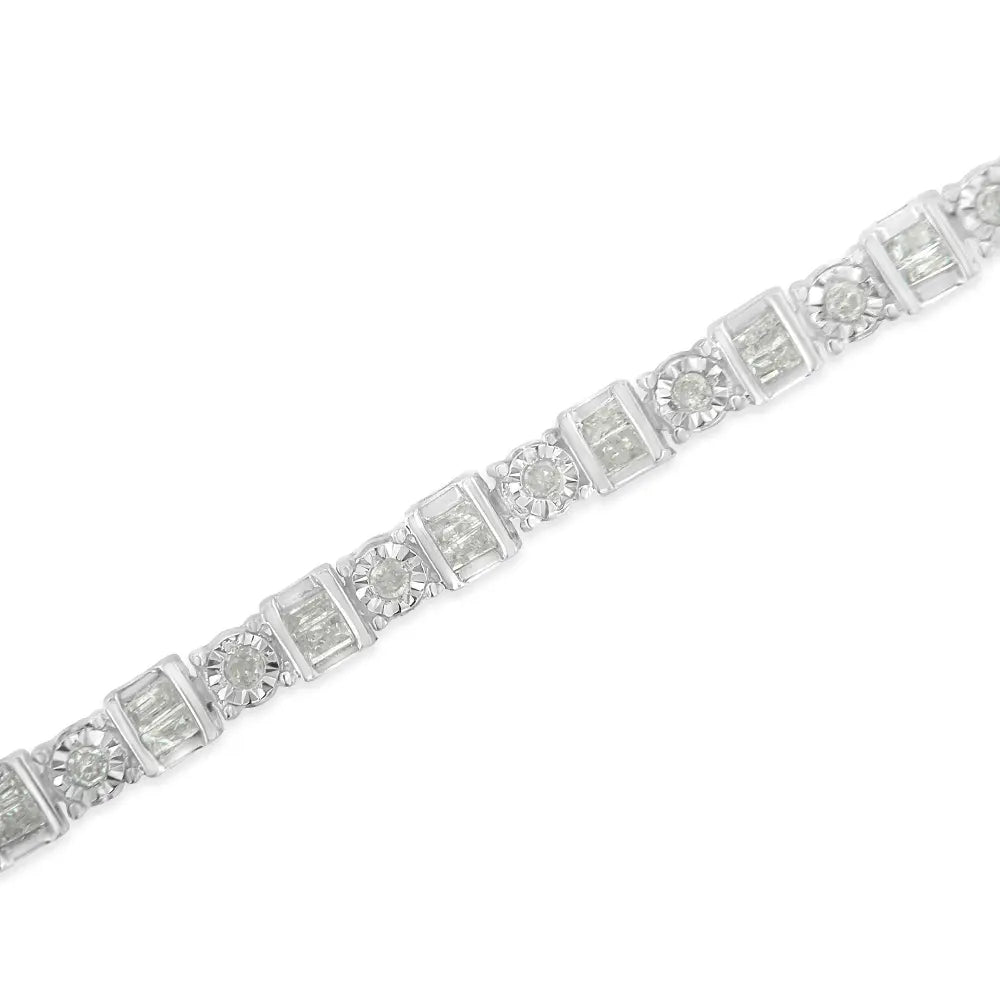 .925 sterling silver 1.0 cttw round & baguette cut diamond 7’’ alternating and square station tennis bracelet (i j color i3