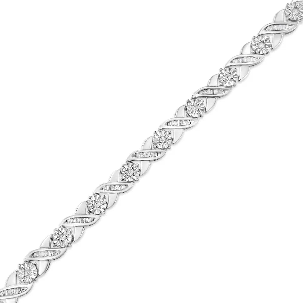 .925 Sterling Silver 1.0 Cttw Round-Brilliant and Baguette Cut Diamond Miracle-Set X-Link 7" Tennis Bracelet (I-J Color, I2-I3 Clarity) - Bijoux-NYC Direct