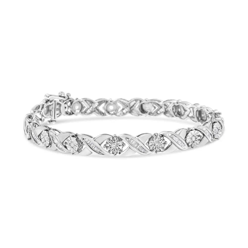 .925 Sterling Silver 1.0 Cttw Round-Brilliant and Baguette Cut Diamond Miracle-Set X-Link 7" Tennis Bracelet (I-J Color, I2-I3 Clarity) - Bijoux-NYC Direct