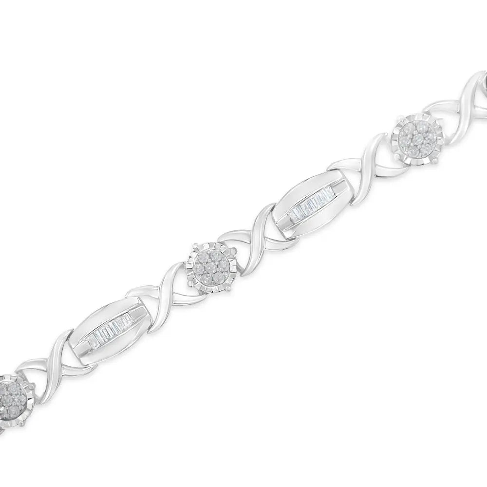 .925 Sterling Silver 1.0 Cttw Round-Cut and Baguette-Cut Diamond X-Link Bracelet (I-J Color, I1-I2 Clarity) - 7" - Bijoux-NYC Direct