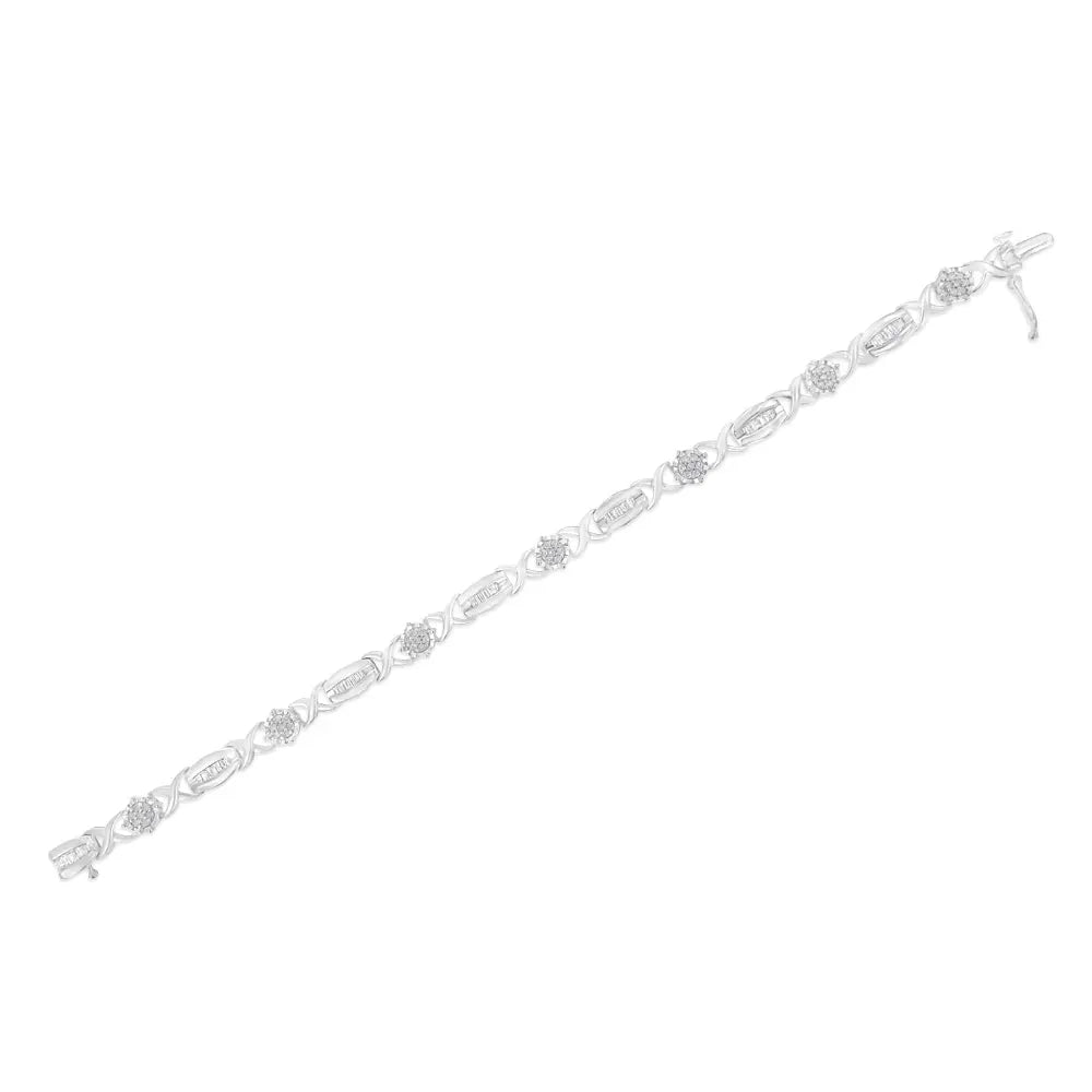 .925 Sterling Silver 1.0 Cttw Round-Cut and Baguette-Cut Diamond X-Link Bracelet (I-J Color, I1-I2 Clarity) - 7" - Bijoux-NYC Direct