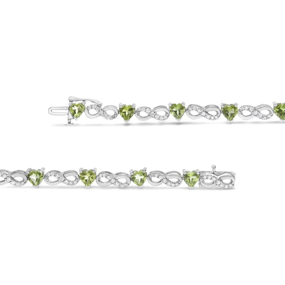 .925 Sterling Silver 1.00 Cttw Diamond and 4.00mm Lab Created Green Heart-Shaped Peridot Infinity Link Bracelet (I-J Color, I2-I3 Clarity) - 7.25" - Bijoux-NYC Direct
