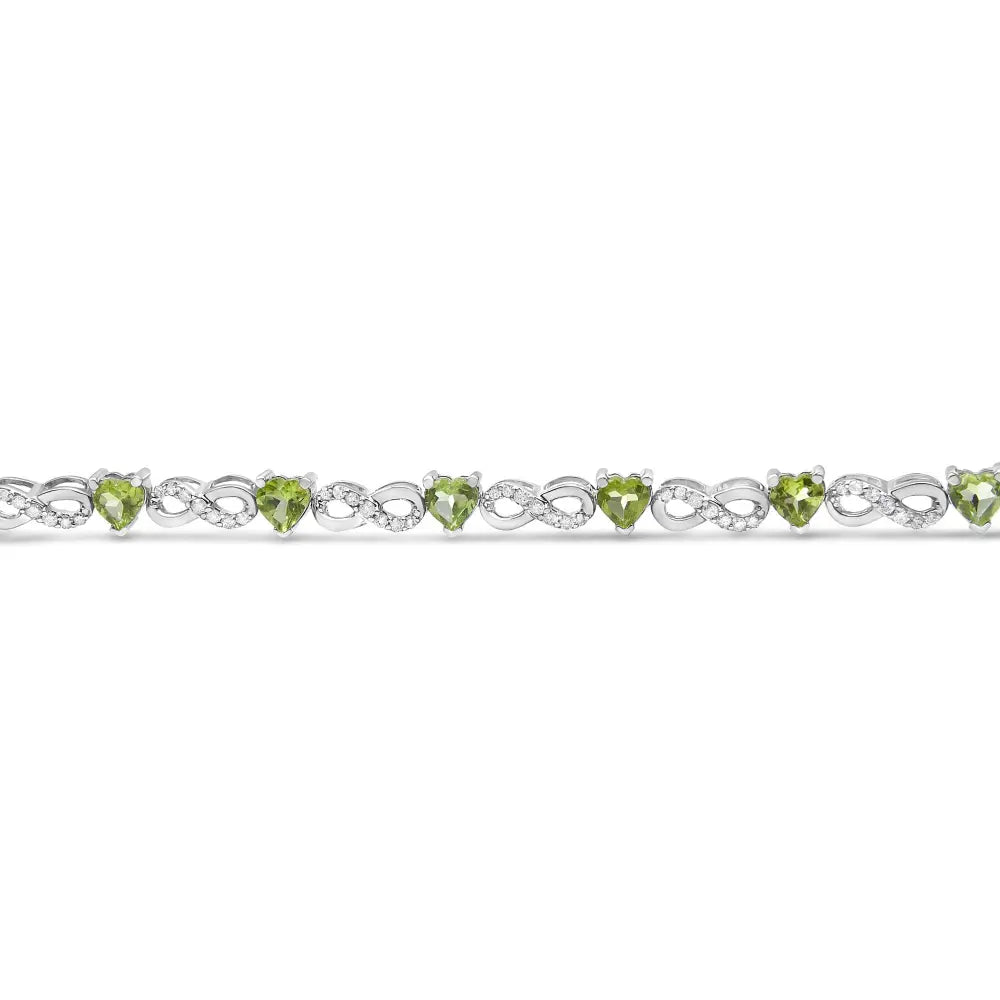 .925 Sterling Silver 1.00 Cttw Diamond and 4.00mm Lab Created Green Heart-Shaped Peridot Infinity Link Bracelet (I-J Color, I2-I3 Clarity) - 7.25" - Bijoux-NYC Direct