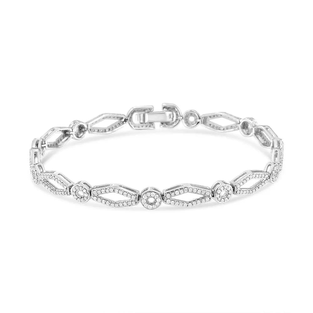 .925 Sterling Silver 1 1/2 Cttw Diamond Studded Alternating Circle and Kite-Shaped Vintage-Style Link Bracelet (I-J Color, I2-I3 Clarity) 7 Inch - Bijoux-NYC Direct
