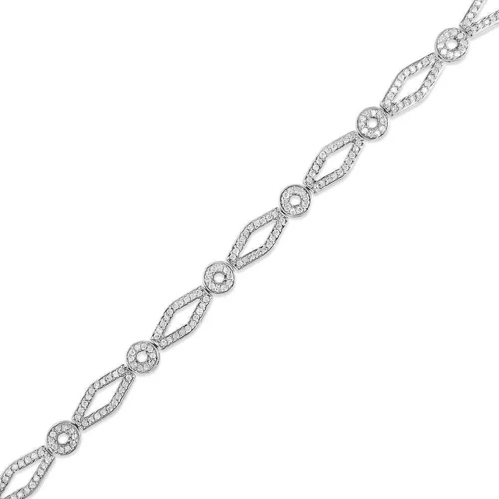 .925 Sterling Silver 1 1/2 Cttw Diamond Studded Alternating Circle and Kite-Shaped Vintage-Style Link Bracelet (I-J Color, I2-I3 Clarity) 7 Inch - Bijoux-NYC Direct