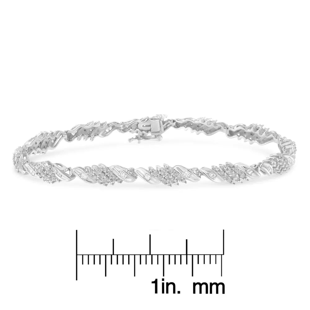 .925 Sterling Silver 1-1/2 Cttw Round and Baguette Cut Diamond Wave Link Bracelet (I-J Color, I2-I3 Clarity) - 7" - Bijoux-NYC Direct