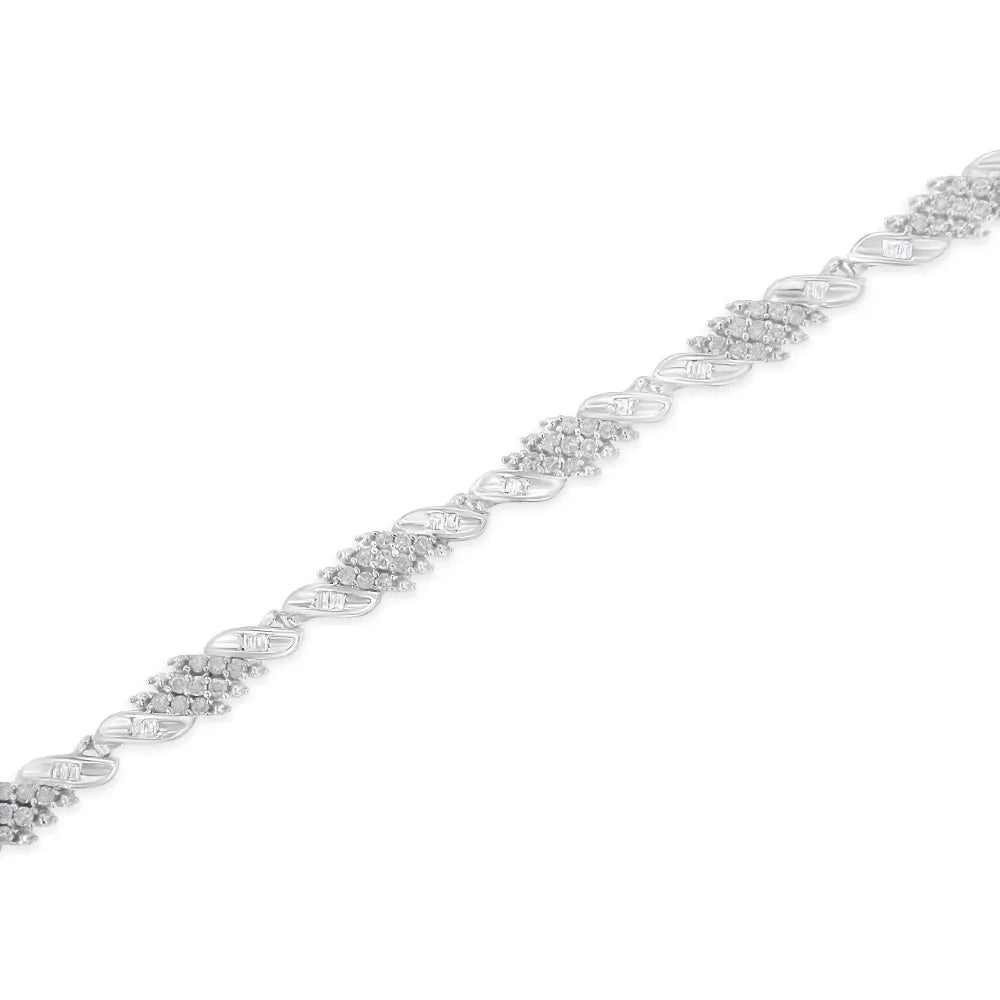 .925 Sterling Silver 1-1/2 Cttw Round and Baguette Cut Diamond Wave Link Bracelet (I-J Color, I2-I3 Clarity) - 7" - Bijoux-NYC Direct