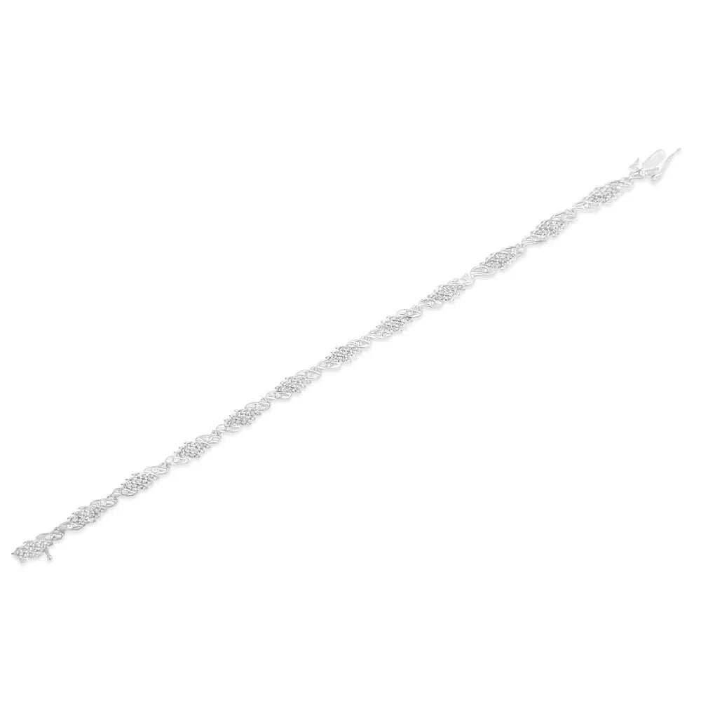 .925 Sterling Silver 1-1/2 Cttw Round and Baguette Cut Diamond Wave Link Bracelet (I-J Color, I2-I3 Clarity) - 7" - Bijoux-NYC Direct