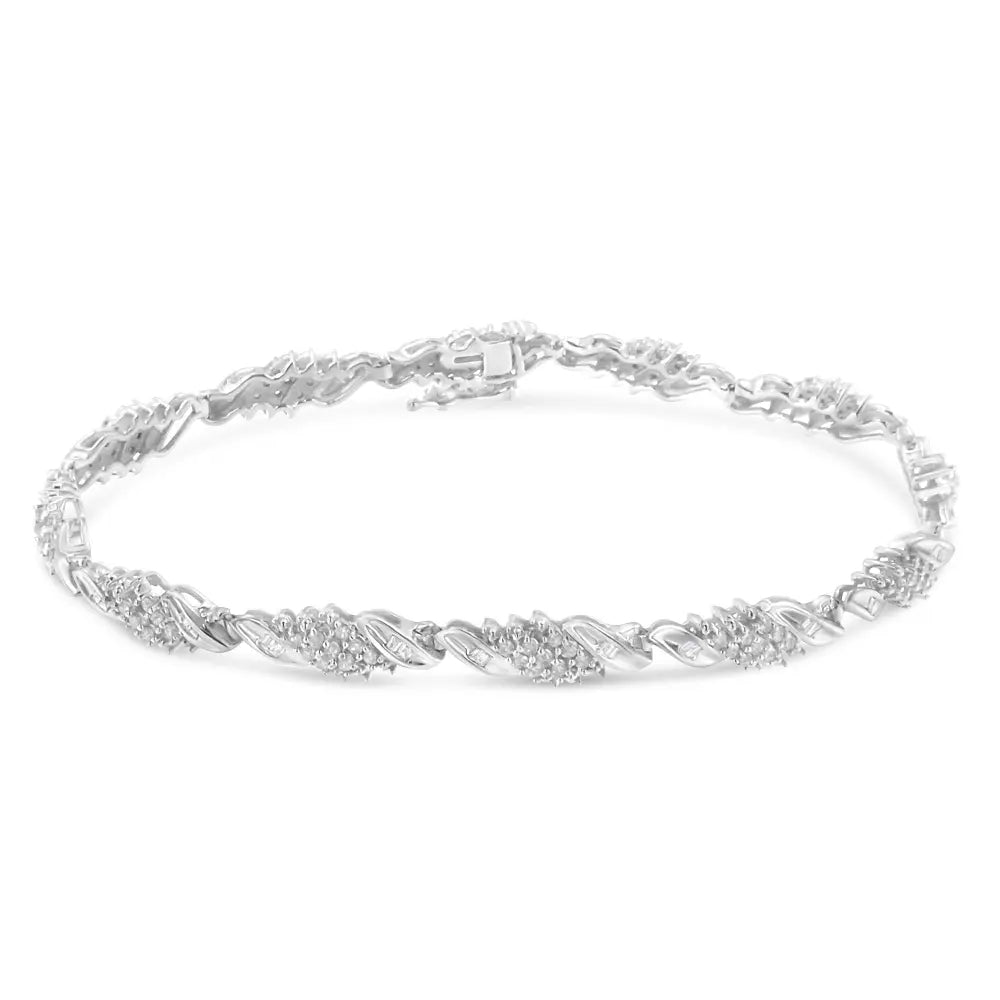 .925 Sterling Silver 1-1/2 Cttw Round and Baguette Cut Diamond Wave Link Bracelet (I-J Color, I2-I3 Clarity) - 7" - Bijoux-NYC Direct
