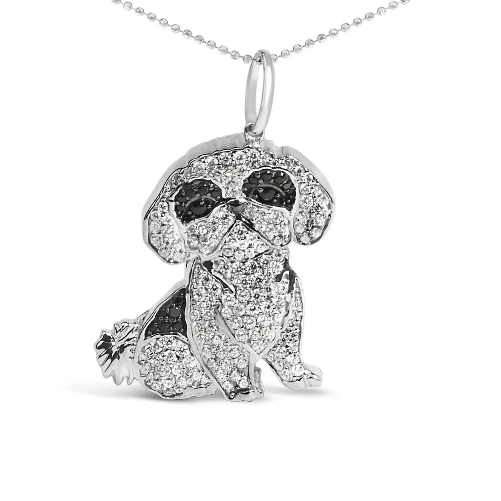 .925 Sterling Silver 1 1/4 Cttw Diamond Shih Tzu Dog Pendant Necklace 18 inch (Black and I-J Color, I2-I3 Clarity) - Bijoux-NYC Direct