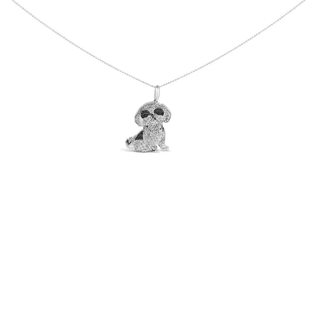 .925 Sterling Silver 1 1/4 Cttw Diamond Shih Tzu Dog Pendant Necklace 18 inch (Black and I-J Color, I2-I3 Clarity) - Bijoux-NYC Direct