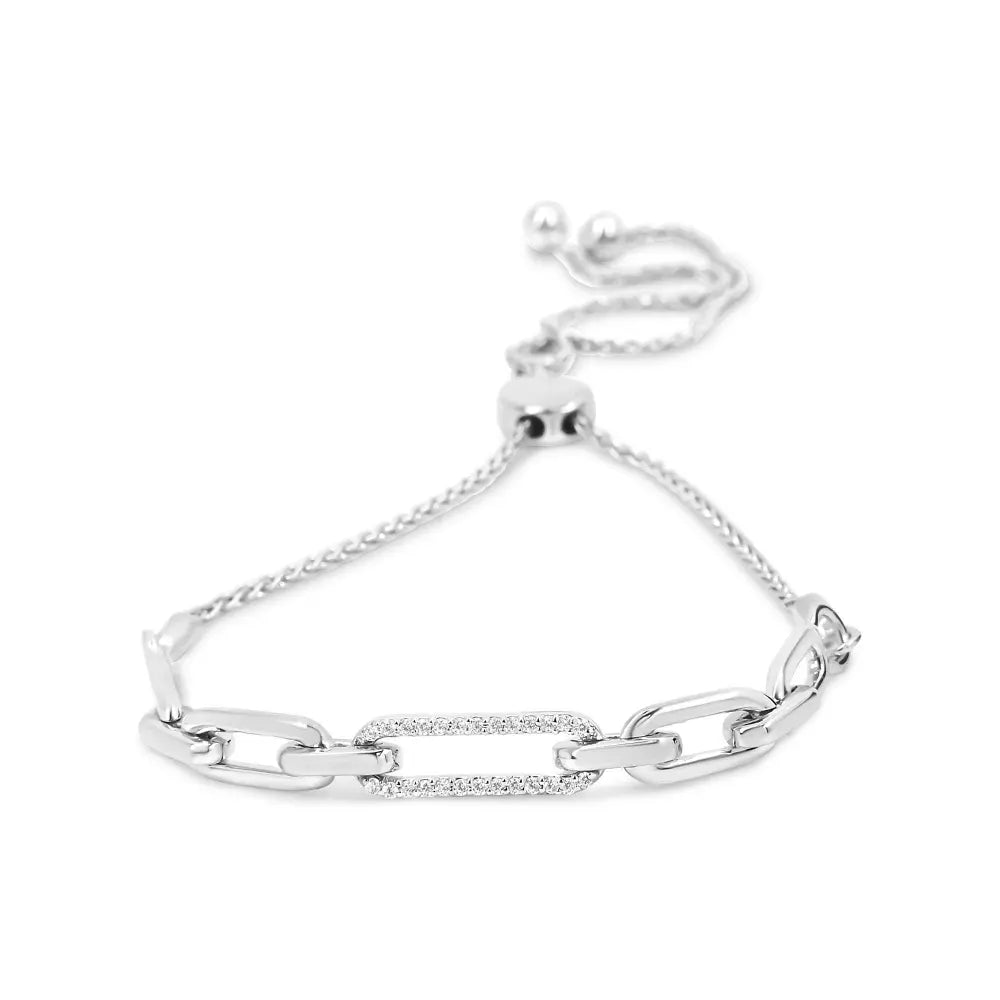 .925 Sterling Silver 1/10 Cttw Diamond Paperclip Link Adjustable Bolo Bracelet (I-J Color, I2-I3 Clarity) - Bijoux-NYC Direct