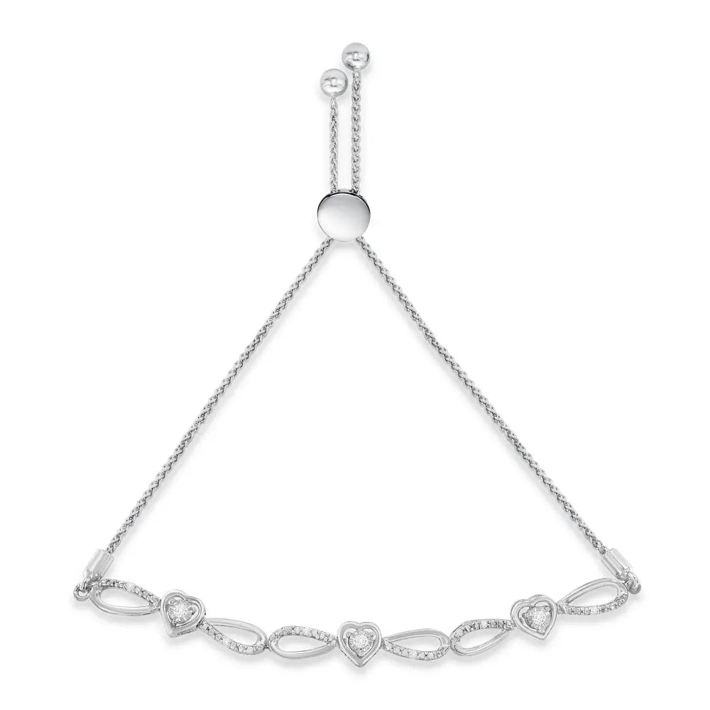 .925 Sterling Silver 1/10 Cttw Diamond Triple Heart-in-Infinity Bolo Style Adjustable Bracelet (H-I Color, I2-I3 Clarity) - Bijoux-NYC Direct