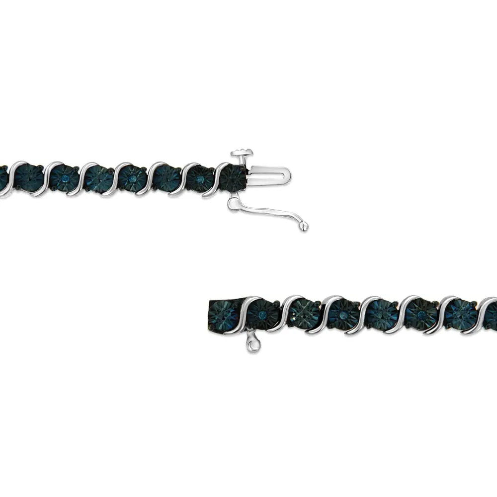 .925 Sterling Silver 1/10 Cttw Miracle-Set Treated Blue Color Diamond Miracle Plate "S" Link Tennis Bracelet (Blue Color, I2- I3 Clarity) - 7.25" - Bijoux-NYC Direct