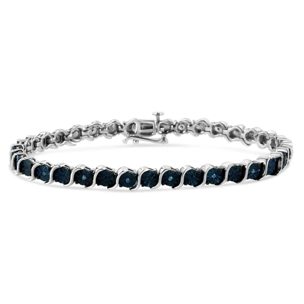 .925 Sterling Silver 1/10 Cttw Miracle-Set Treated Blue Color Diamond Miracle Plate "S" Link Tennis Bracelet (Blue Color, I2- I3 Clarity) - 7.25" - Bijoux-NYC Direct